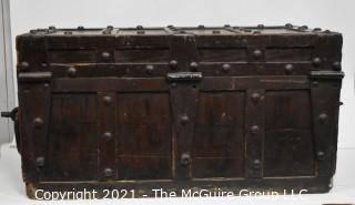 Large Wooden Maritime Trunk with Wrought Iron Handles and Hinges. 