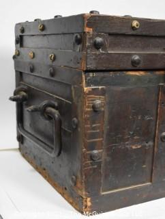 Large Wooden Maritime Trunk with Wrought Iron Handles and Hinges. 