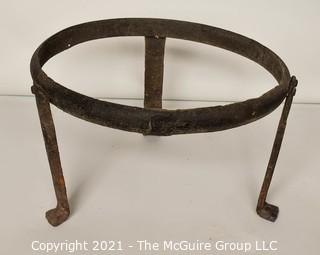 Antique Hammered Large Copper Cauldron with Hand Forged Iron Base and Handle.  Measures 43"T (with handle) x 27" D (at top).  Base Measure 14"T.  Includes wood insert. 