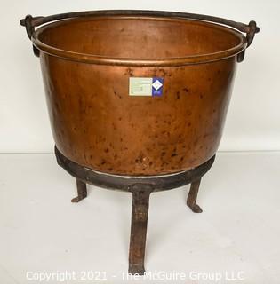 Antique Large Hand Hammered Copper Cauldron with Bronze Handles