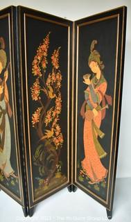 Asian Chinoiserie Four Panel Black Lacquer Screen or Room Divider. Each panel measures approximately 20"W.