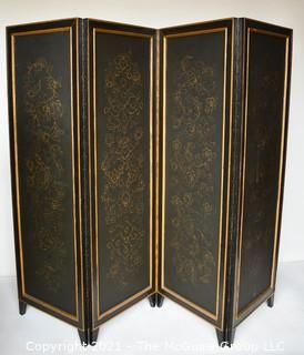 Asian Chinoiserie Four Panel Black Lacquer Screen or Room Divider. Each panel measures approximately 20"W.