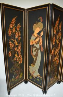 Asian Chinoiserie Four Panel Black Lacquer Screen or Room Divider. Each panel measures approximately 20"W.