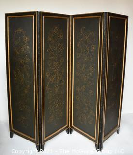 Asian Chinoiserie Four Panel Black Lacquer Screen or Room Divider. Each panel measures approximately 20"W.