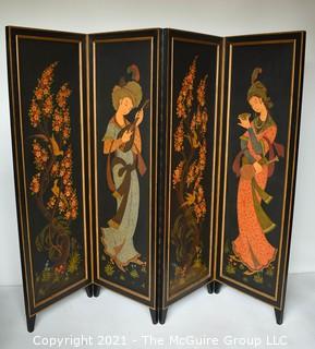 Asian Chinoiserie Four Panel Black Lacquer Screen or Room Divider. Each panel measures approximately 20"W.