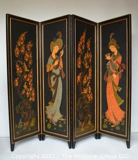 Asian Chinoiserie Four Panel Black Lacquer Screen or Room Divider. Each panel measures approximately 20"W.