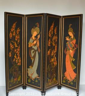 Asian Chinoiserie Four Panel Black Lacquer Screen or Room Divider. Each panel measures approximately 20"W.