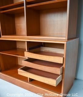 Danish Mid Century Modern (MCM)  Stacking Teak Bookcase & Credenza with Adjustable Shelves, Some Slide Out.   Stamped Made in Denmark by Poul Hundevad. Some damage to base.  