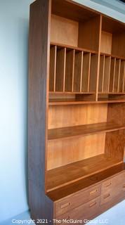 Danish Mid Century Modern (MCM) Stacking Teak Bookcase & Credenza with Adjustable Shelves, Some Slide Out. Stamped Made in Denmark by Poul Hundevad. Some damage to base.