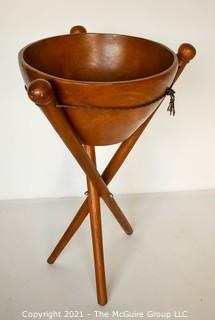 Mid Century Modern MCM Teak Wood Salad Bowl on Tripod Standing Base.  Measures 29"T x 15"Diameter.