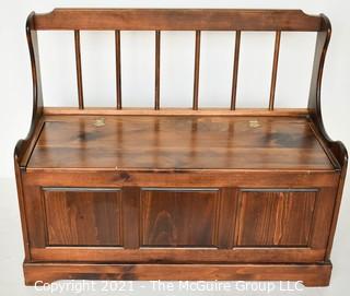 Wooden Storage Bench with Hinged Lid and Spindle Back.