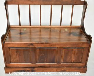 Wooden Storage Bench with Hinged Lid and Spindle Back.