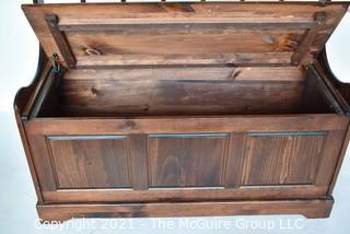 Wooden Storage Bench with Hinged Lid and Spindle Back.