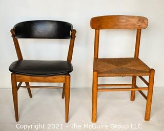 Two (2) Mid Century Modern MCM Dining or Desk Chairs.  One with black vinyl upholstery (burn hole), One with rush seating. 