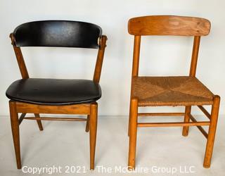 Two (2) Mid Century Modern MCM Dining or Desk Chairs.  One with black vinyl upholstery (burn hole), One with rush seating. 