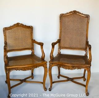 Two (2) French Provincial Style Cane Seat Arm Chairs with Carved Back and Arms. 