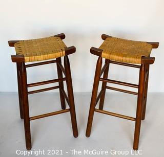 Two (2) Vintage Danish Modern Maple Bar Stools with Woven Cane Seats.  Measure 29"T.