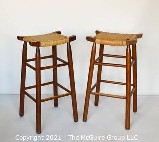 Two (2) Vintage Danish Modern Maple Bar Stools with Woven Cane Seats.  Measure 29"T.