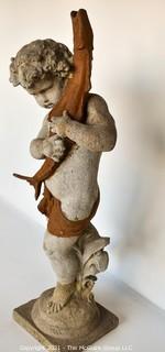 Faux Cement Cherub with Fish Garden Statue.  Measures 44"T