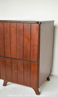 Mid Century Mahogany Radio & Phonograph Cabinet with Brass Metal Detailing.  Missing Back Panel.  Measures 32"T x 18" x 21".