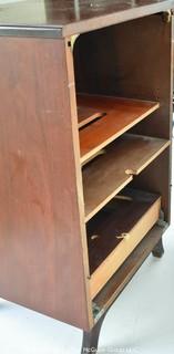 Mid Century Mahogany Radio & Phonograph Cabinet with Brass Metal Detailing.  Missing Back Panel.  Measures 32"T x 18" x 21".