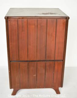 Mid Century Mahogany Radio & Phonograph Cabinet with Brass Metal Detailing.  Missing Back Panel.  Measures 32"T x 18" x 21".