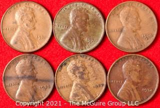 Numismatic: (6) Lincoln Wheat Cents (1930's)