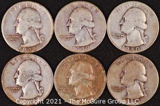 Numismatic: (6) Silver Washington Quarters (1939>1944)