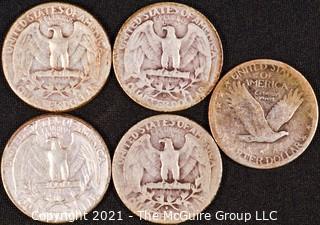 Numismatic: (4) Silver Washington Quarters (1941>1945); (1) Standing Liberty Quarter