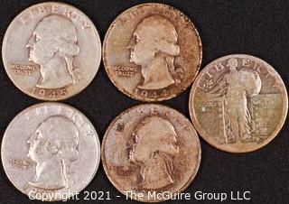 Numismatic: (4) Silver Washington Quarters (1941>1945); (1) Standing Liberty Quarter