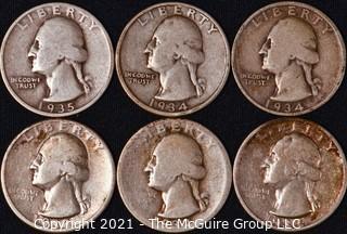 Numismatic: Silver Washington Quarters x6 (1932>1935)