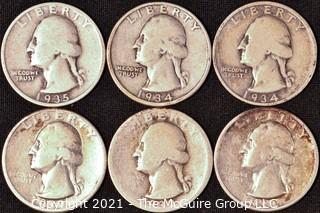 Numismatic: Silver Washington Quarters x6 (1932>1935)