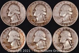 Numismatic: (6) Silver Washington Quarters (1937>1939)