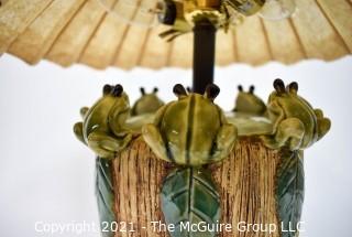 Majolica Style Porcelain Lamp with Frog Decoration and Paper Shade.  Measures 8"W x 21"T