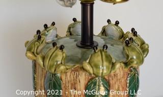 Majolica Style Porcelain Lamp with Frog Decoration and Paper Shade.  Measures 8"W x 21"T