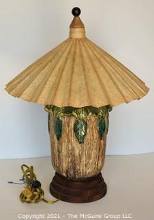 Majolica Style Porcelain Lamp with Frog Decoration and Paper Shade.  Measures 8"W x 21"T