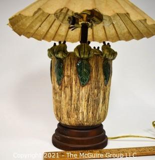 Majolica Style Porcelain Lamp with Frog Decoration and Paper Shade.  Measures 8"W x 21"T