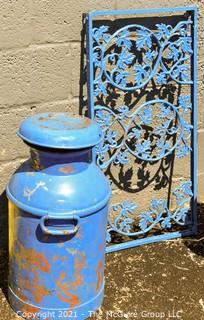 Metal Garden Screen Panel and Vintage Milk Can with Brooklyn NY Impression on Lid.  Both Painted Blue.  