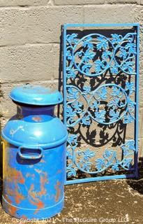 Metal Garden Screen Panel and Vintage Milk Can with Brooklyn NY Impression on Lid.  Both Painted Blue.  