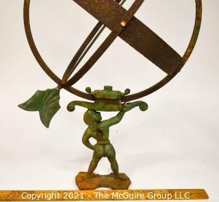 Vintage Architectural Atlas Armillary Sundial.  Missing Arrowhead.  Sold with Ceramic Base.   Measures 16" Diameter and 27"T without base.  