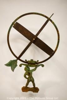 Vintage Architectural Atlas Armillary Sundial.  Missing Arrowhead.  Sold with Ceramic Base.   Measures 16" Diameter and 27"T without base.  