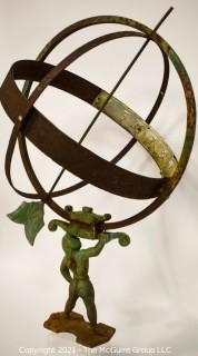 Vintage Architectural Atlas Armillary Sundial.  Missing Arrowhead.  Sold with Ceramic Base.   Measures 16" Diameter and 27"T without base.  