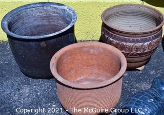 Group of Garden Items.  Includes Galvanized Tub, Ceramic Pots , Clamshell style composite ground trough, and Large Resin Planter.