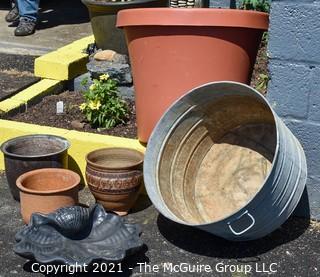 Group of Garden Items.  Includes Galvanized Tub, Ceramic Pots , Clamshell style composite ground trough, and Large Resin Planter.