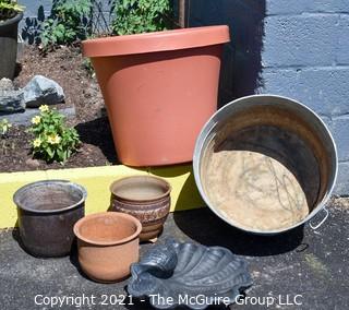 Group of Garden Items.  Includes Galvanized Tub, Ceramic Pots , Clamshell style composite ground trough, and Large Resin Planter.