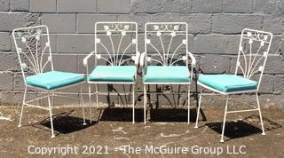 Four (4) Cast Iron White Painted Scroll Work Patio Dining Table Chairs with Blue Padded Chairs. 