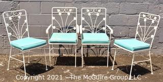 Four (4) Cast Iron White Painted Scroll Work Patio Dining Table Chairs with Blue Padded Chairs. 