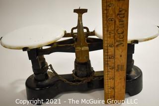 Antique Mercantile Trip Balance Scales with White Porcelain Trays,  Chicago Central Scientific CENCO.  Measures 12"W x 6"T.