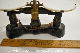 Antique Mercantile Trip Balance Scales with White Porcelain Trays,  Chicago Central Scientific CENCO.  Measures 12"W x 6"T.