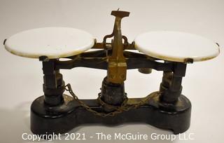 Antique Mercantile Trip Balance Scales with White Porcelain Trays,  Chicago Central Scientific CENCO.  Measures 12"W x 6"T.